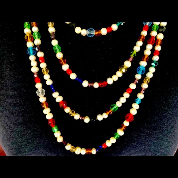 Extra Long 4 strands Knot Pearl necklace with Boho style multiple colored beads - Picture 8 of 11